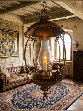 Vintage antique Italian gilded brass metal glass Gold Hanging Lantern fixture